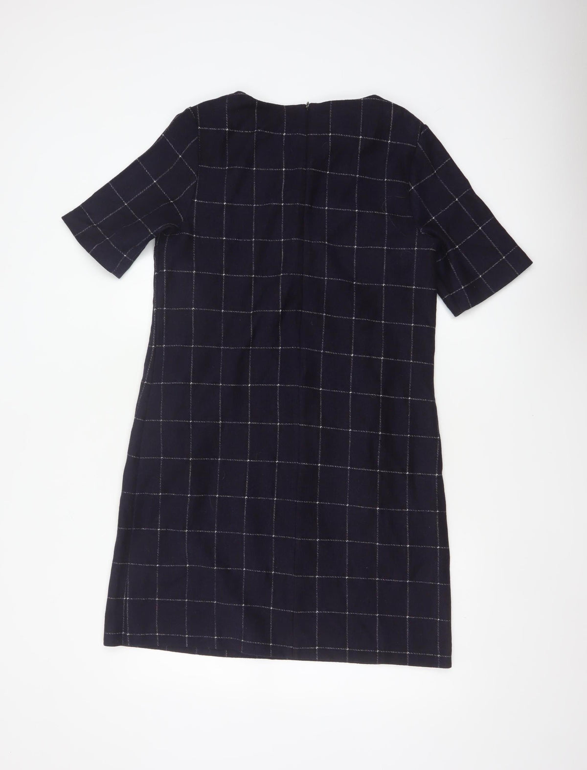White Stuff Women’s Navy Check Shift Dress UK 12 Wool Blend Bell Sleeve