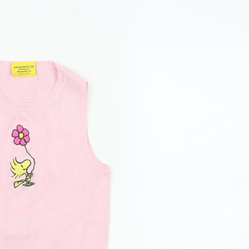 Snoopy Women’s Pink XS Knit Tank Top Woodstock Flower Cartoon