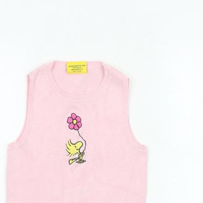Snoopy Women’s Pink XS Knit Tank Top Woodstock Flower Cartoon