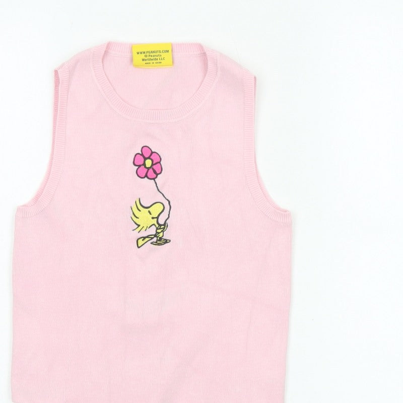 Snoopy Women’s Pink XS Knit Tank Top Woodstock Flower Cartoon