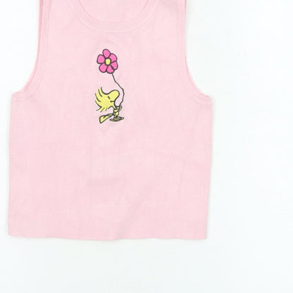 Snoopy Women’s Pink XS Knit Tank Top Woodstock Flower Cartoon