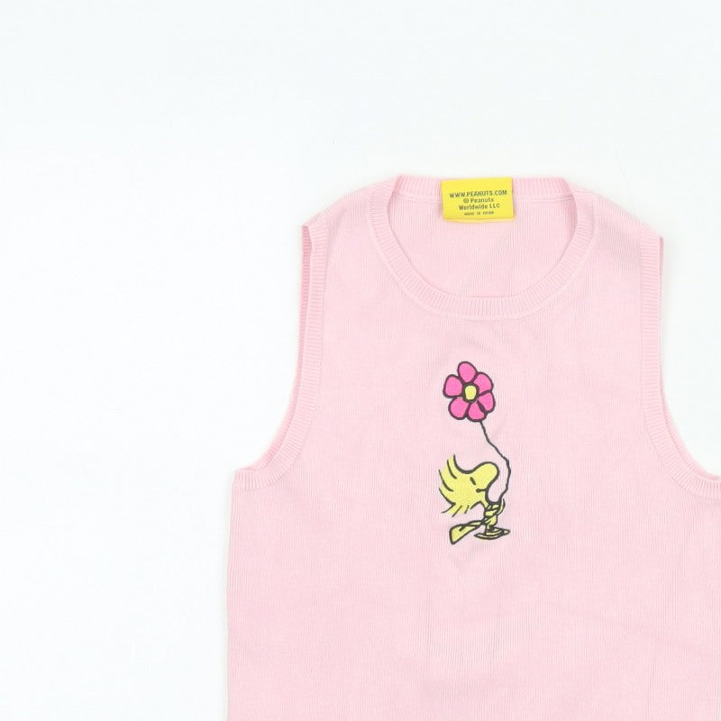 Snoopy Women’s Pink XS Knit Tank Top Woodstock Flower Cartoon