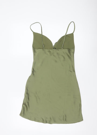 Bershka Women Green XS Satin-Look Slip Mini Dress Adjustable Straps