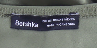 Bershka Women Green XS Satin-Look Slip Mini Dress Adjustable Straps