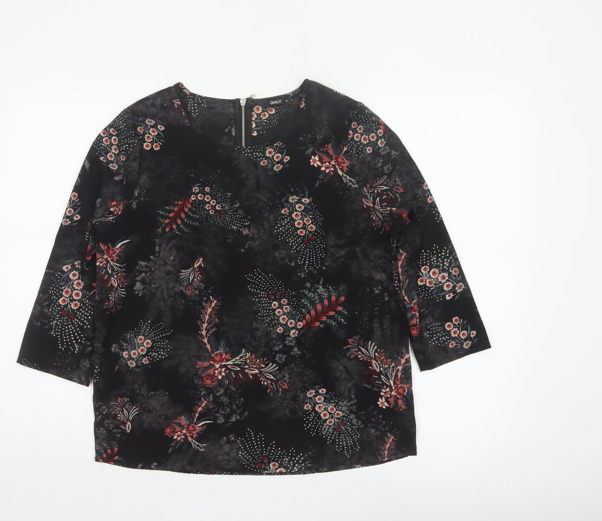 Additional front view of Only Women Black Floral UK 8 3/4 Sleeve Zip Back Blouse