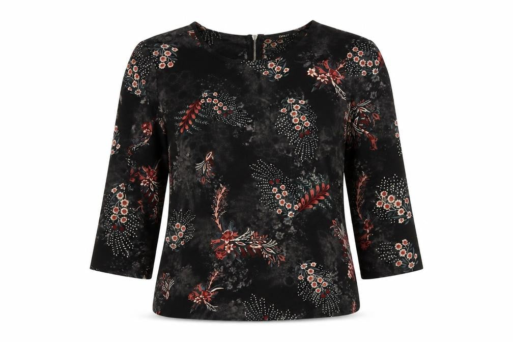 Front view of Only Women Black Floral UK 8 3/4 Sleeve Zip Back Blouse
