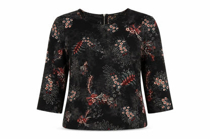 Front view of Only Women Black Floral UK 8 3/4 Sleeve Zip Back Blouse