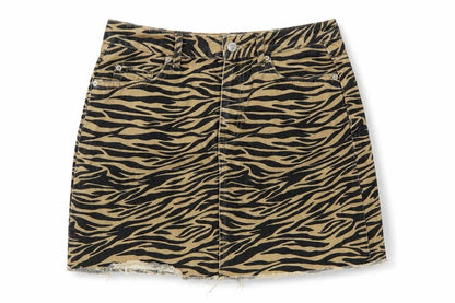 Front view of Denim Co Women Brown Zebra Print Denim Mini A-Line Skirt UK 8