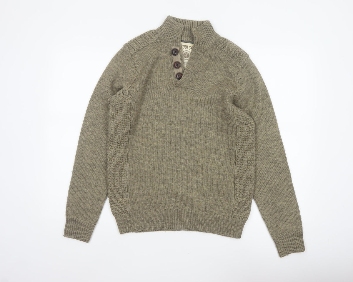 SoulCal Men’s Green S Henley High Neck Knit Wool Blend Jumper