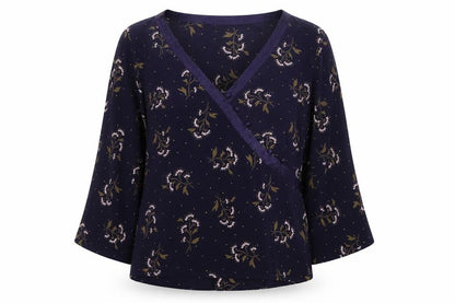 Monsoon Women Blue Floral Silk Wrap Blouse Size 16 Long Sleeve