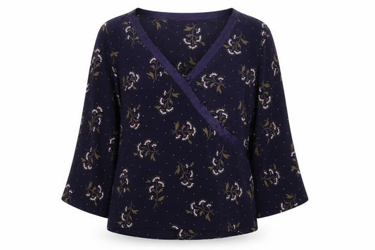 Monsoon Women Blue Floral Silk Wrap Blouse Size 16 Long Sleeve