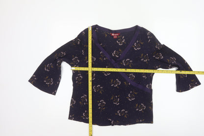 Monsoon Women Blue Floral Silk Wrap Blouse Size 16 Long Sleeve