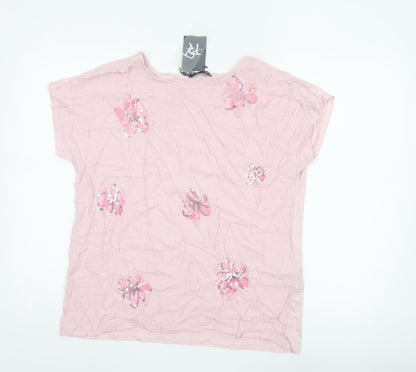 Thomas Rabe Women Pink UK 16 Jersey Floral Sequin Short Sleeve T-Shirt