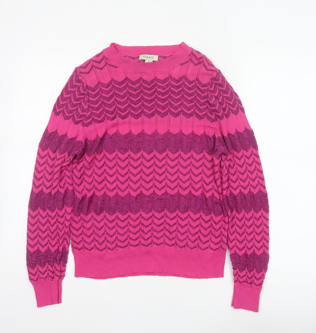 Oasis Women Pink M Geometric Glitter Knit Crew Neck Pullover Jumper