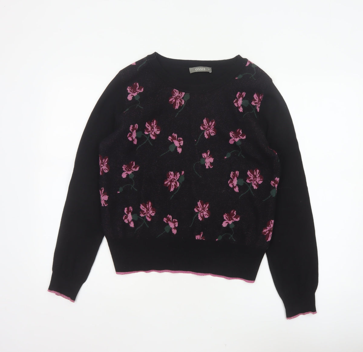 Oasis Women Black M Floral Metallic Knit Crew Neck Pullover Jumper