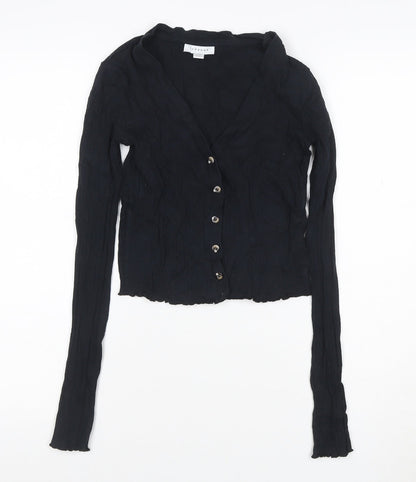Topshop Women Black UK 8 Cropped Rib Knit V-Neck Button-Up Long Sleeve Top