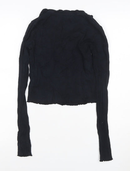 Topshop Women Black UK 8 Cropped Rib Knit V-Neck Button-Up Long Sleeve Top