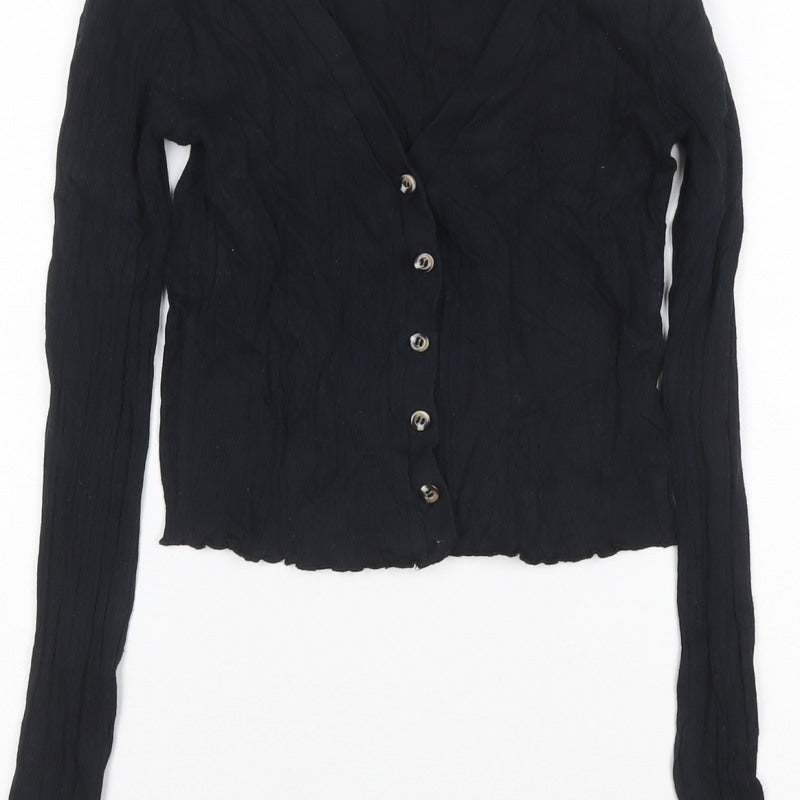 Topshop Women Black UK 8 Cropped Rib Knit V-Neck Button-Up Long Sleeve Top