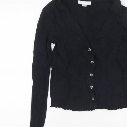 Topshop Women Black UK 8 Cropped Rib Knit V-Neck Button-Up Long Sleeve Top