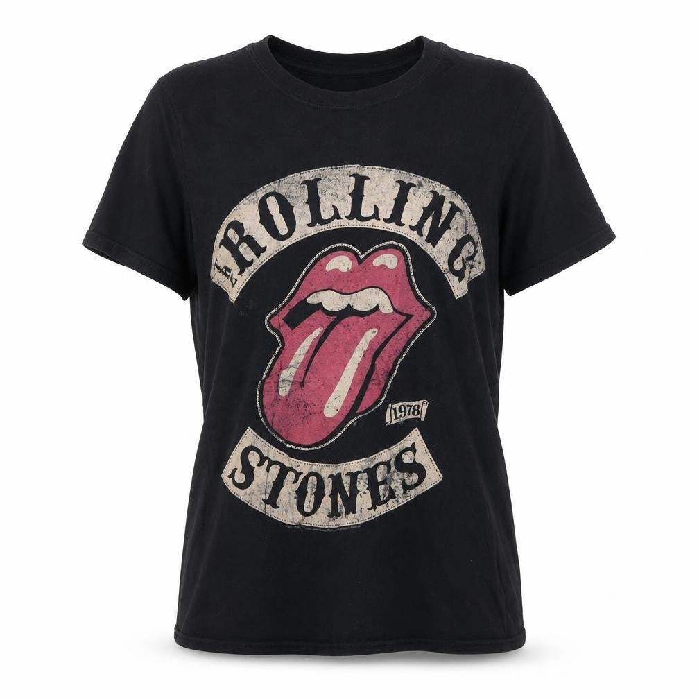 Front view of Gildan unisex black s rolling stones 1978 rock graphic t-shirt