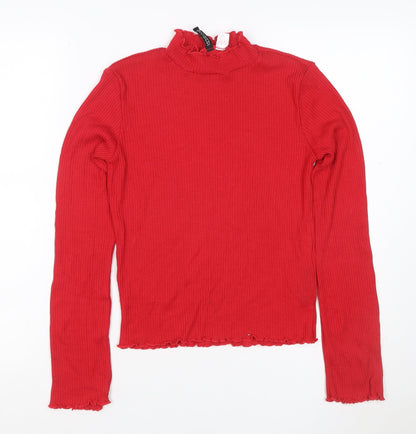 H&M Divided Women Red S Ribbed High Neck Ruffle Long Sleeve Knit Top
