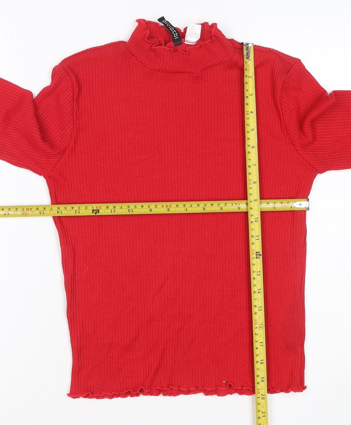 H&M Divided Women Red S Ribbed High Neck Ruffle Long Sleeve Knit Top