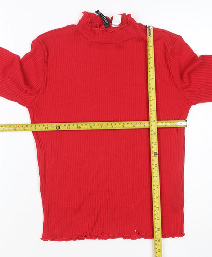 H&M Divided Women Red S Ribbed High Neck Ruffle Long Sleeve Knit Top