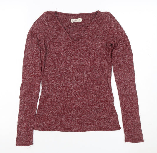 Hollister Women Red Small Ruffle V-Neck Long Sleeve Jersey Top
