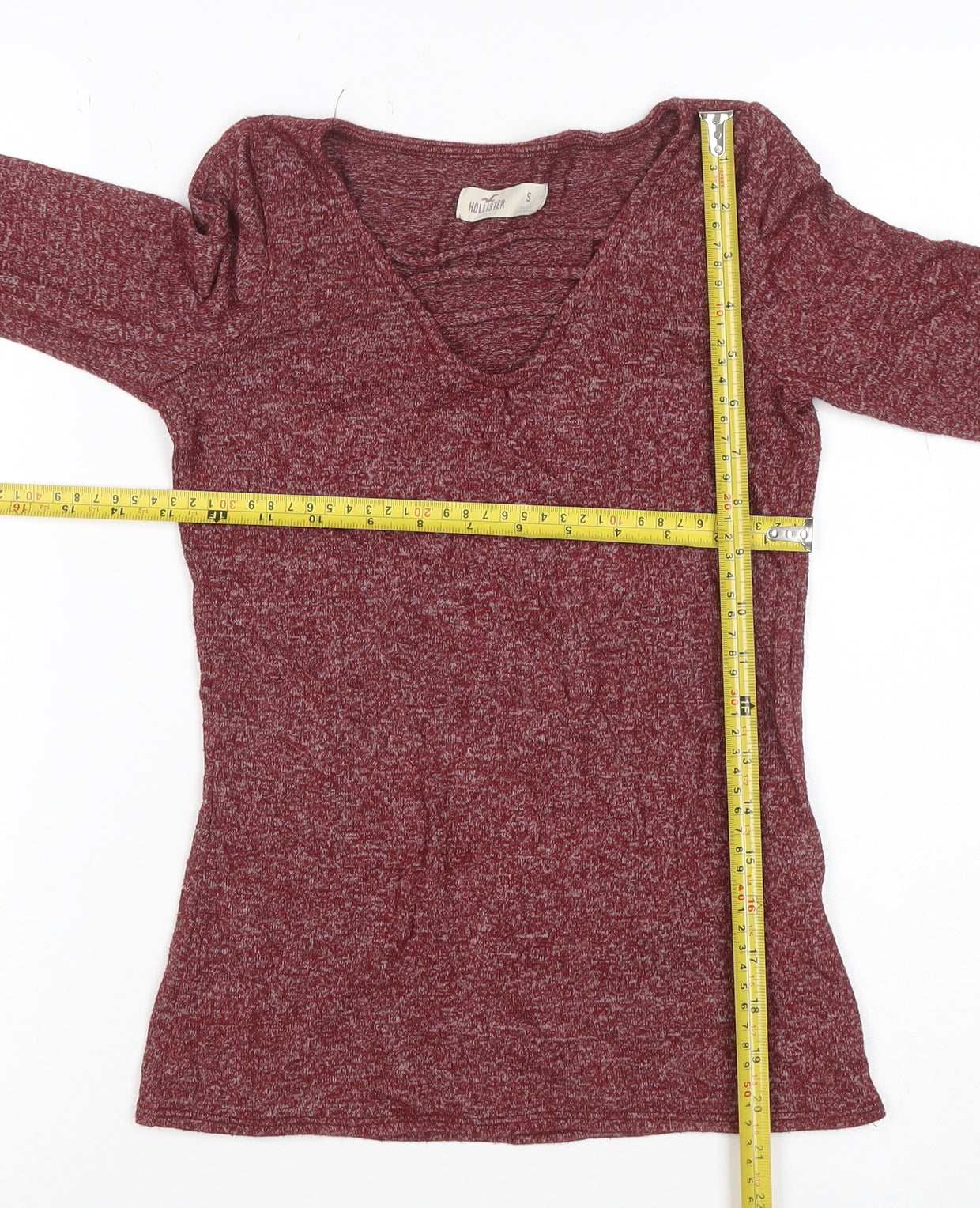 Hollister Women Red Small Ruffle V-Neck Long Sleeve Jersey Top