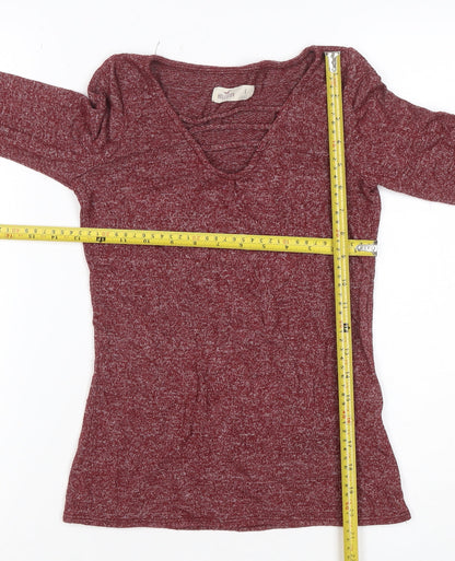 Hollister Women Red Small Ruffle V-Neck Long Sleeve Jersey Top