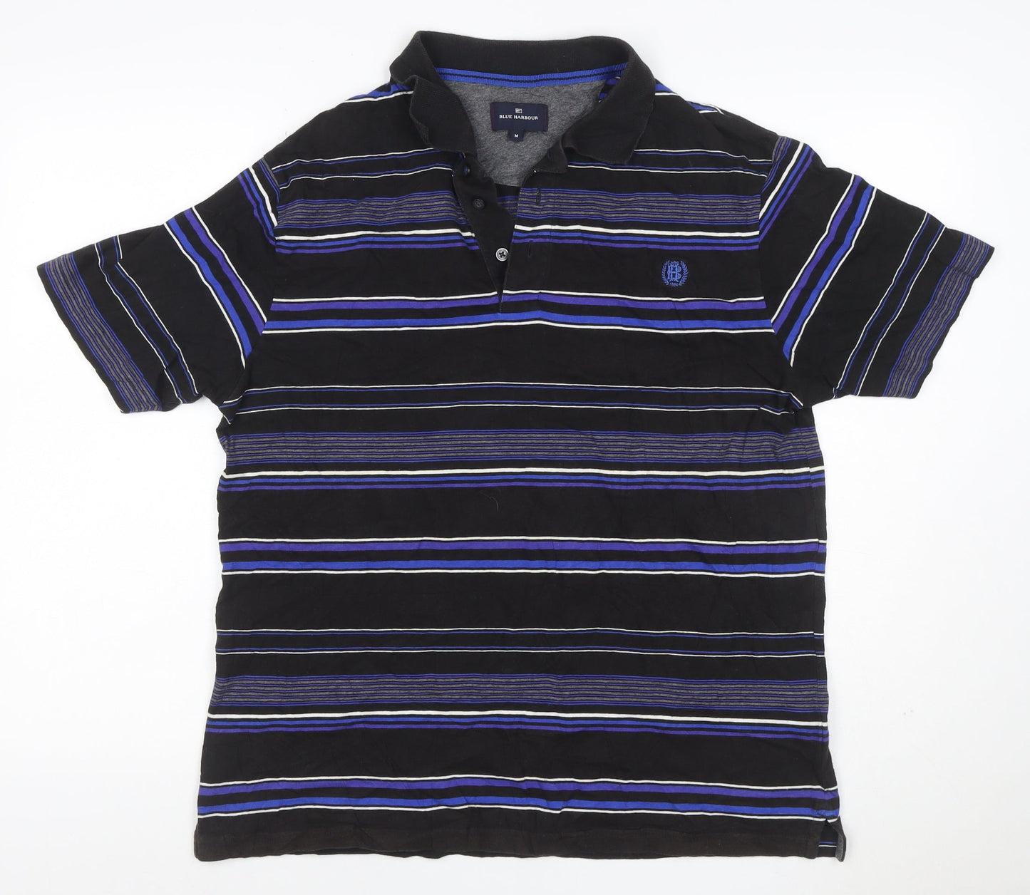 M&S Blue Harbour Men’s Black Blue Striped Cotton Polo Shirt M