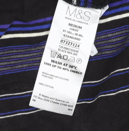 M&S Blue Harbour Men’s Black Blue Striped Cotton Polo Shirt M
