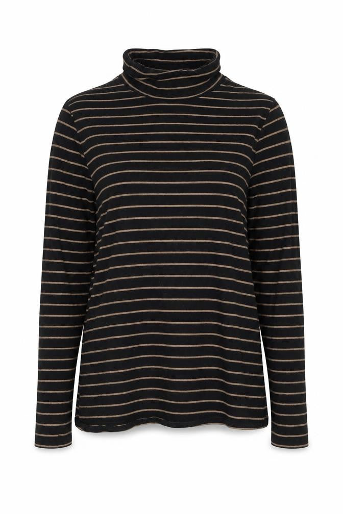 Marks & Spencer Women Black Beige Striped Roll Neck Long Sleeve Top UK 8