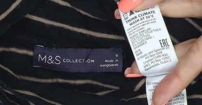 Marks & Spencer Women Black Beige Striped Roll Neck Long Sleeve Top UK 8