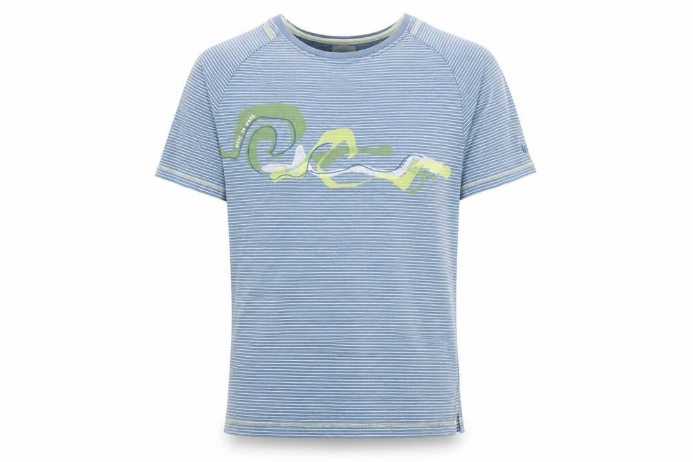 Front view of FatFace Teens Blue Striped Wave Graphic Cotton T-Shirt, size S