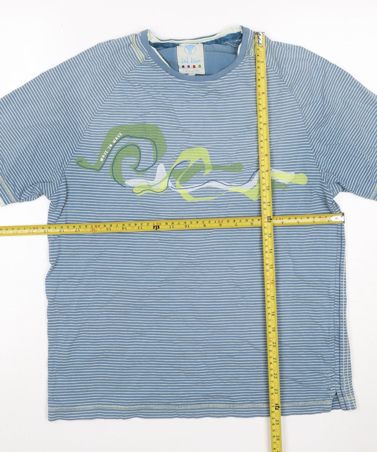 Close-up detail of FatFace Teens Blue Striped Wave Graphic Cotton T-Shirt, size S