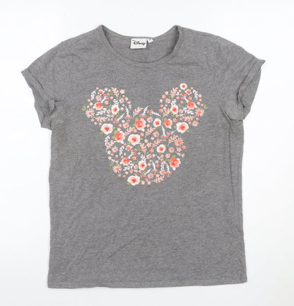 Disney Women’s Grey Floral Mickey Mouse Short Sleeve T-Shirt UK 10