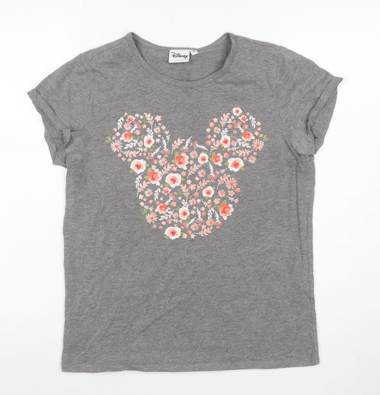 Disney Women’s Grey Floral Mickey Mouse Short Sleeve T-Shirt UK 10