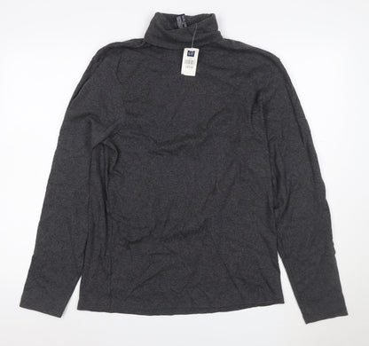 Gap Women Grey L Roll Neck Long Sleeve Cotton Basic T-Shirt