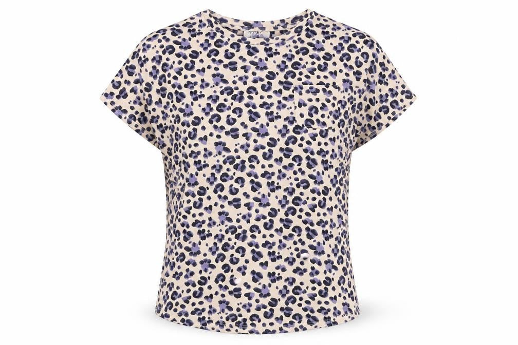 Front view of Jeff Banks Women Beige Purple Leopard Print Jersey T-Shirt UK 10
