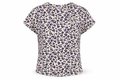 Front view of Jeff Banks Women Beige Purple Leopard Print Jersey T-Shirt UK 10