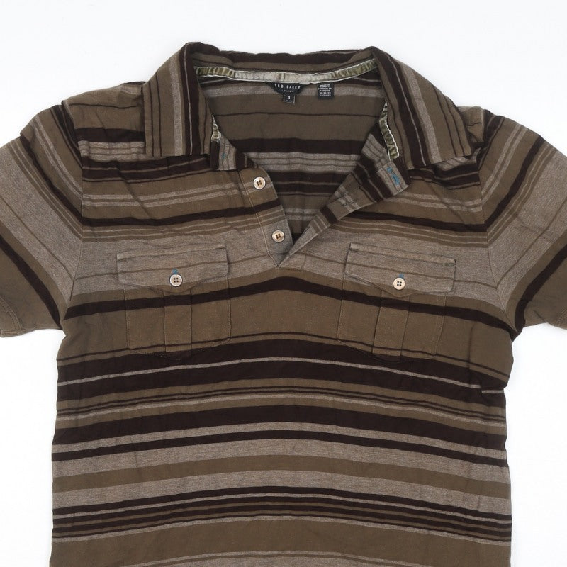 Ted Baker Men’s Brown Striped Polo Shirt Size L Short Sleeve