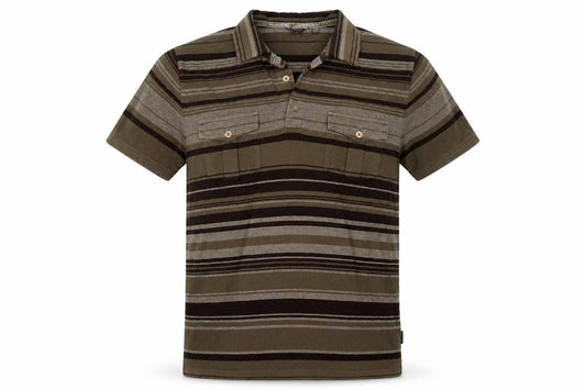 Front view of Ted Baker Men’s Brown Striped Polo Shirt, size L, Short Sleeve