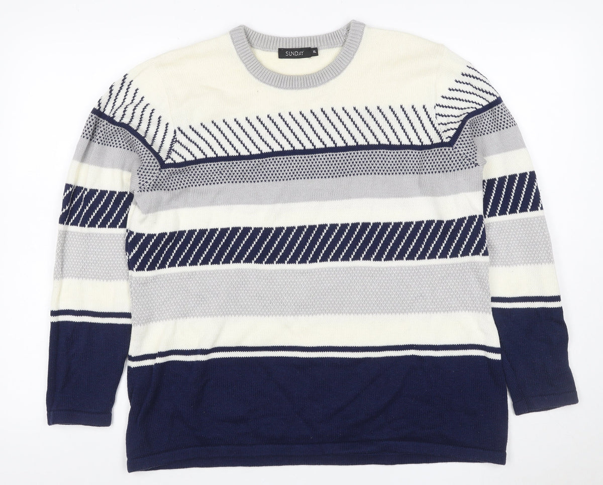 Sunday Women’s Navy Grey White Striped Knit Jumper XL Crew Neck