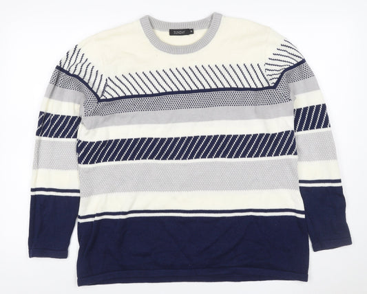 Sunday Women’s Navy Grey White Striped Knit Jumper XL Crew Neck