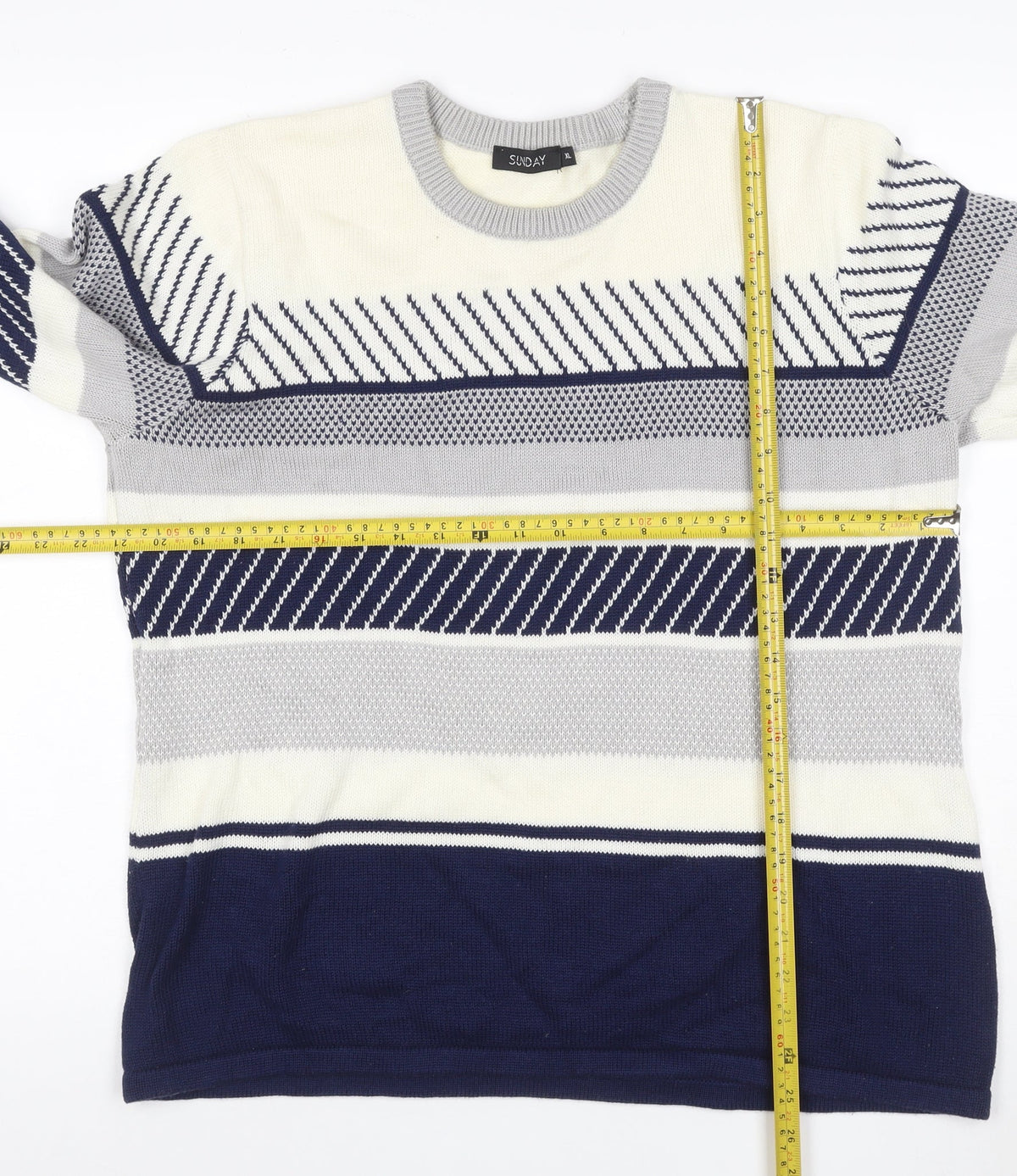 Sunday Women’s Navy Grey White Striped Knit Jumper XL Crew Neck