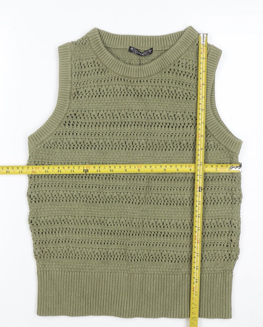 Dunnes Women Green Khaki Size 8 Open-Knit Sleeveless Jumper Vest
