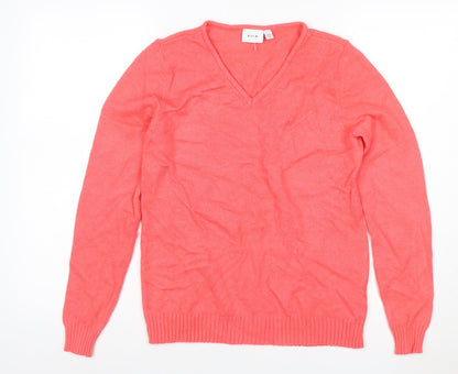 VILA Women Pink V-Neck Long Sleeve Fine Knit Jumper Size S