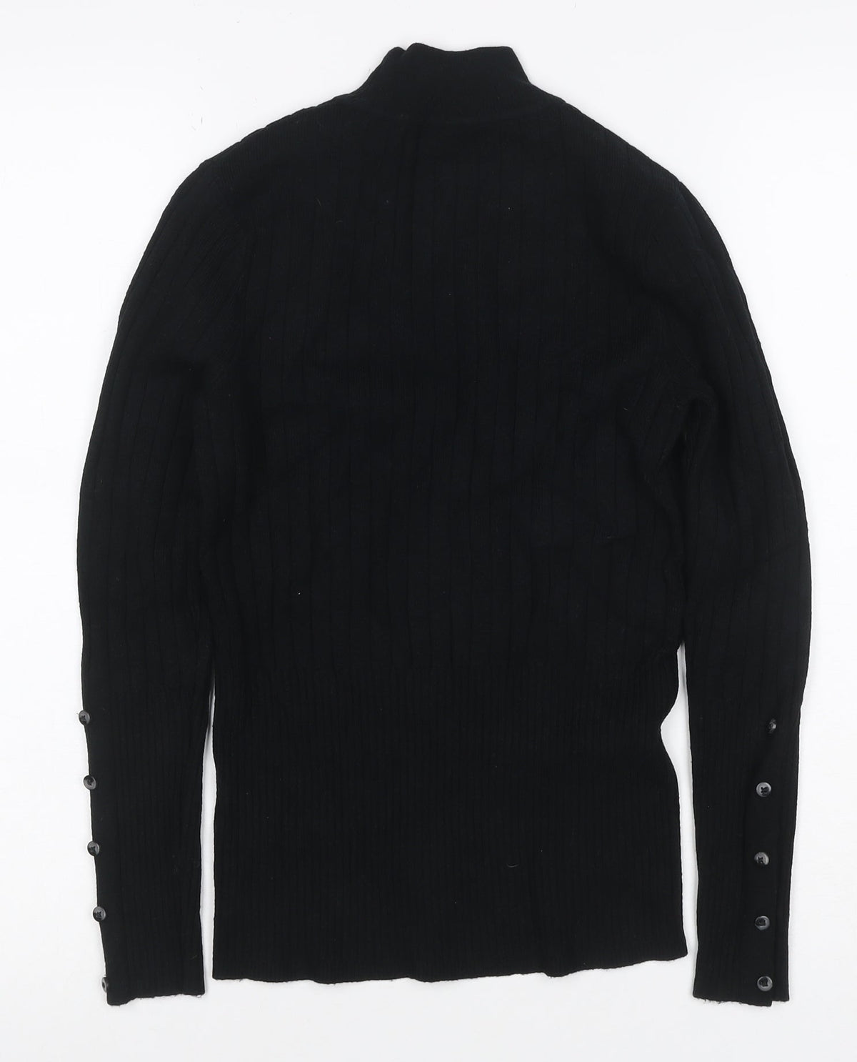 M&S Women Black UK 10 Ribbed Roll Neck Button Sleeve Jumper