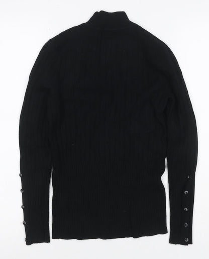 M&S Women Black UK 10 Ribbed Roll Neck Button Sleeve Jumper